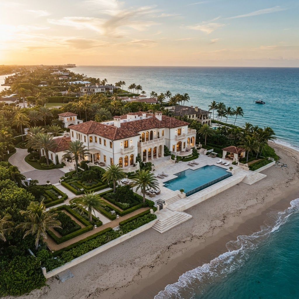 Aerial view of an ultra-luxury oceanfront estate on Palm Beach island at golden hour