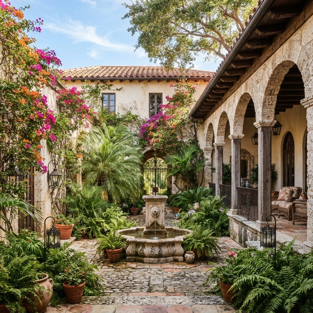 Mediterranean Revival courtyard with stone arches and a fountain in the Addison Mizner style
